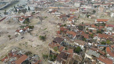 View of ruined houses in the old town centre of Antakya. Numerous houses in the centre of the city were destroyed or severely damaged in the earthquake a year ago.